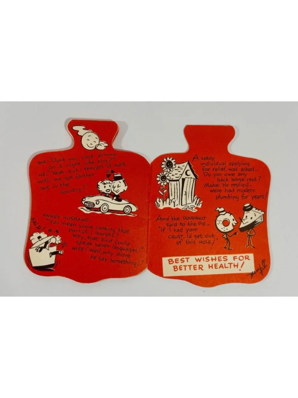 Vintage Gibson Get Well Card Shaped Like A Red Hot Water Bottle With Jokes & Ill